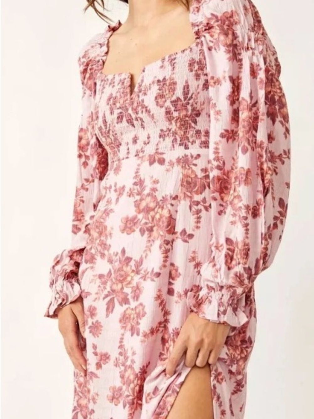 Free People Smocked Floral Maxi Dress in Dusty Rose